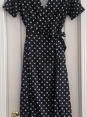Black & White Polka Dot Wrap Midi Dress